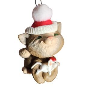 Vintage 1987 Hallmark "Christmas Cuddle" Cat Mouse Santa Hat Christmas Ornament